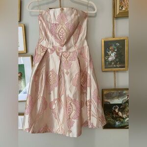 pink gold taffeta strapless dress jacquard print Bridgerton coquette tea party